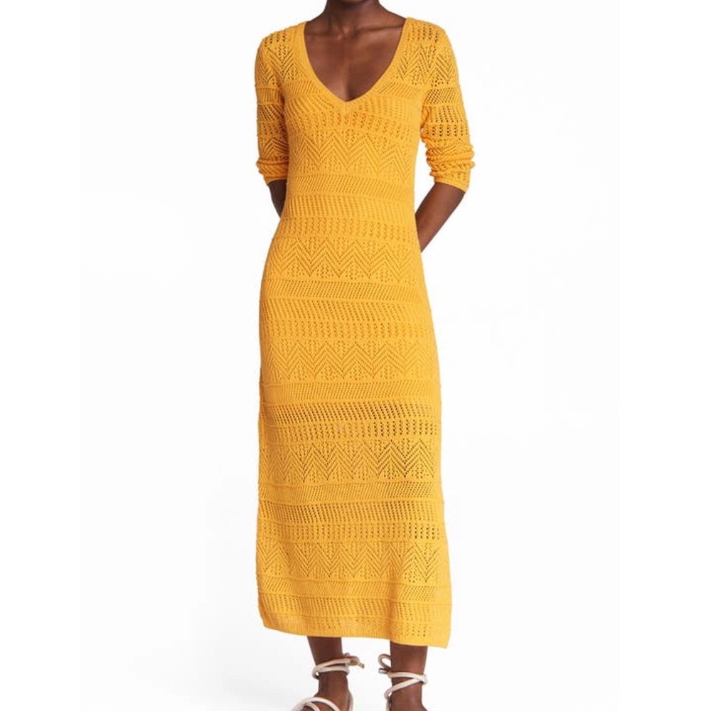 rag & bone Renee Crochet Midi Dress Yellow Knit Slit Women's Medium Coastal Boho